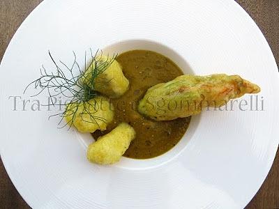 Ricciola di profondità in pastella al curry con passata di fiori di zucca