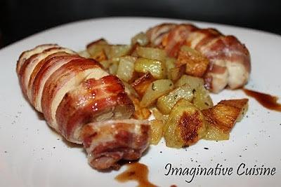 Involtini di pollo porchettato ripieni con riduzione di porto e patate al timo