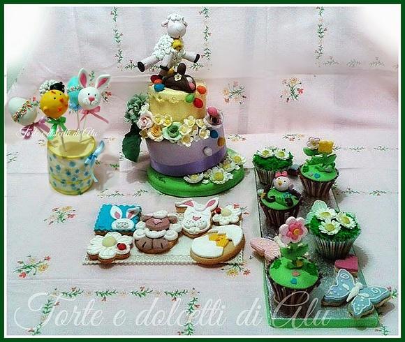 La mia tavola di pasqua con dolci decorati e allegri
