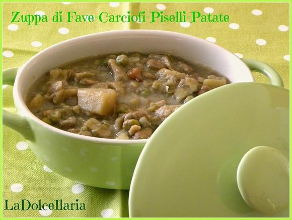 Zuppa di fave, carciofi, piselli e patate
