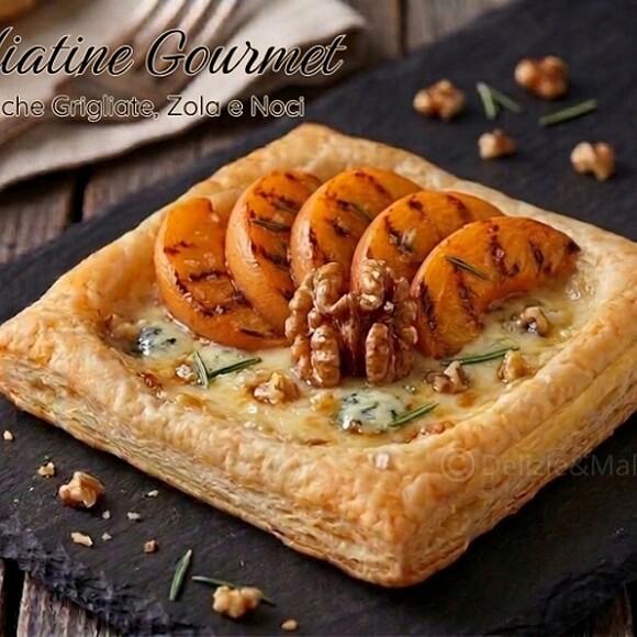 Sfogliatine alle albicocche grigliate con Gorgonzola e noci