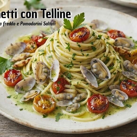 Spaghetti con telline, emulsione a freddo e pomodorini saltati