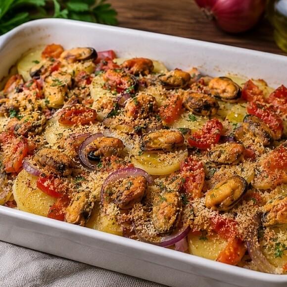 Teglia di patate, cozze e pomodoro al forno con cipolla rossa di Tropea