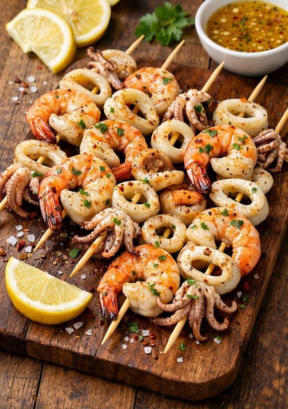 Spiedini di gamberi e calamari alla griglia