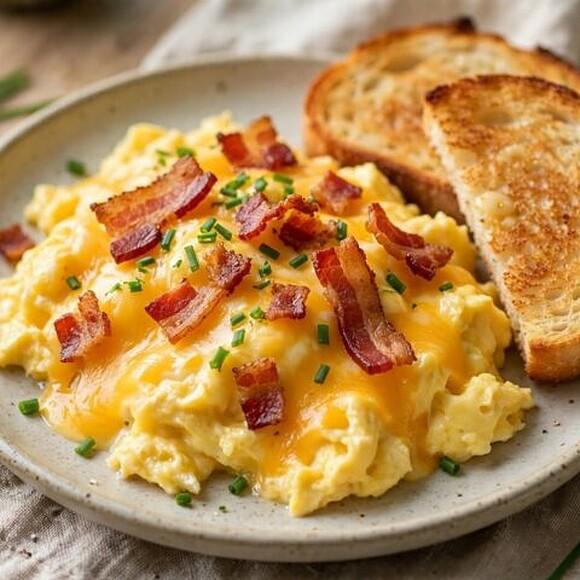 Uova strapazzate cremose con bacon croccante e cheddar fuso